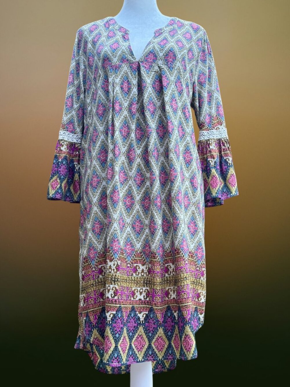 Umgee Boho Southwestern Hi Low Swing / Shift Dress Bell Sleeve Crochet Trim (Lg)